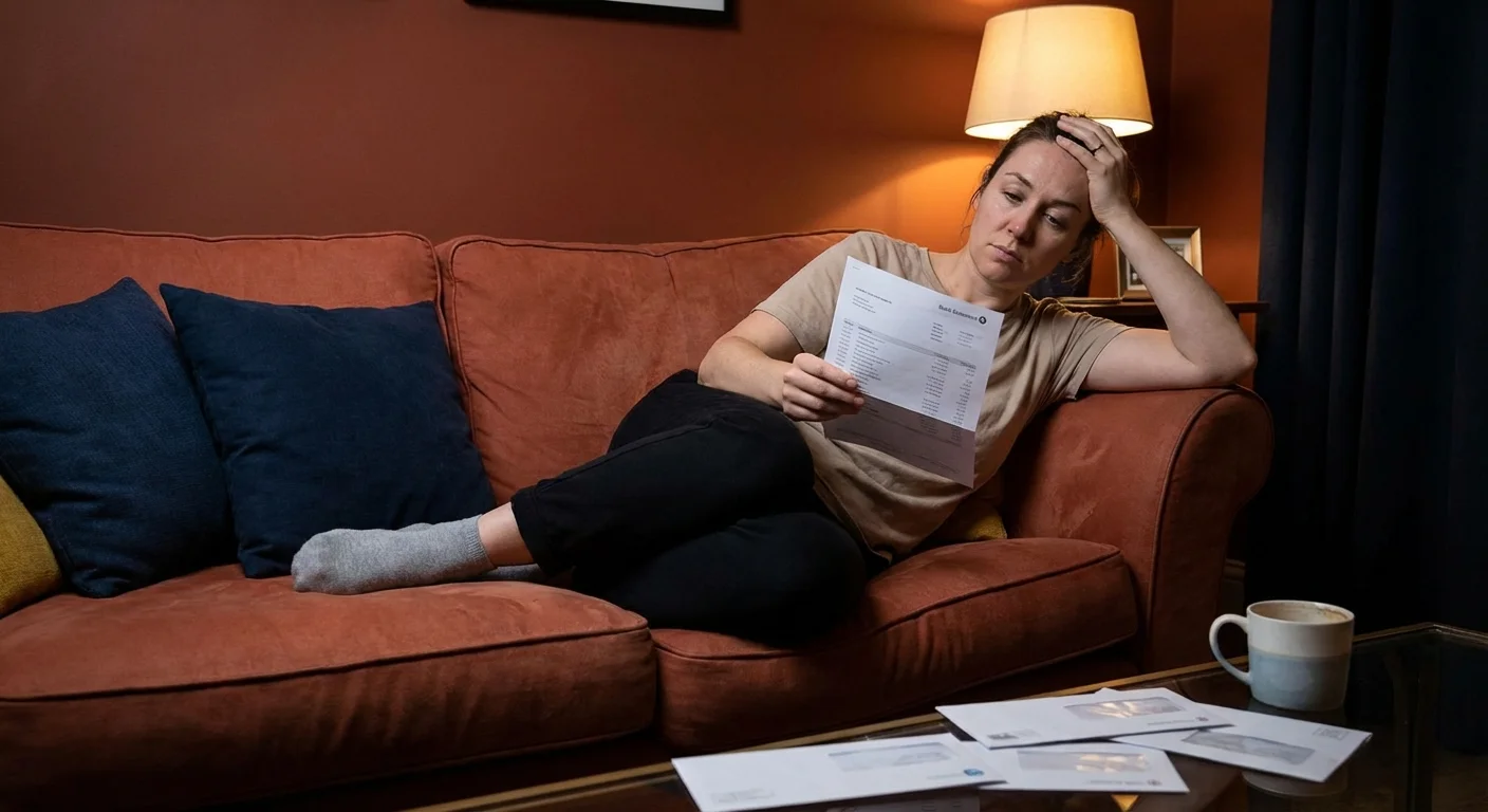 A person sitting on a sofa reflecting on a financial document.