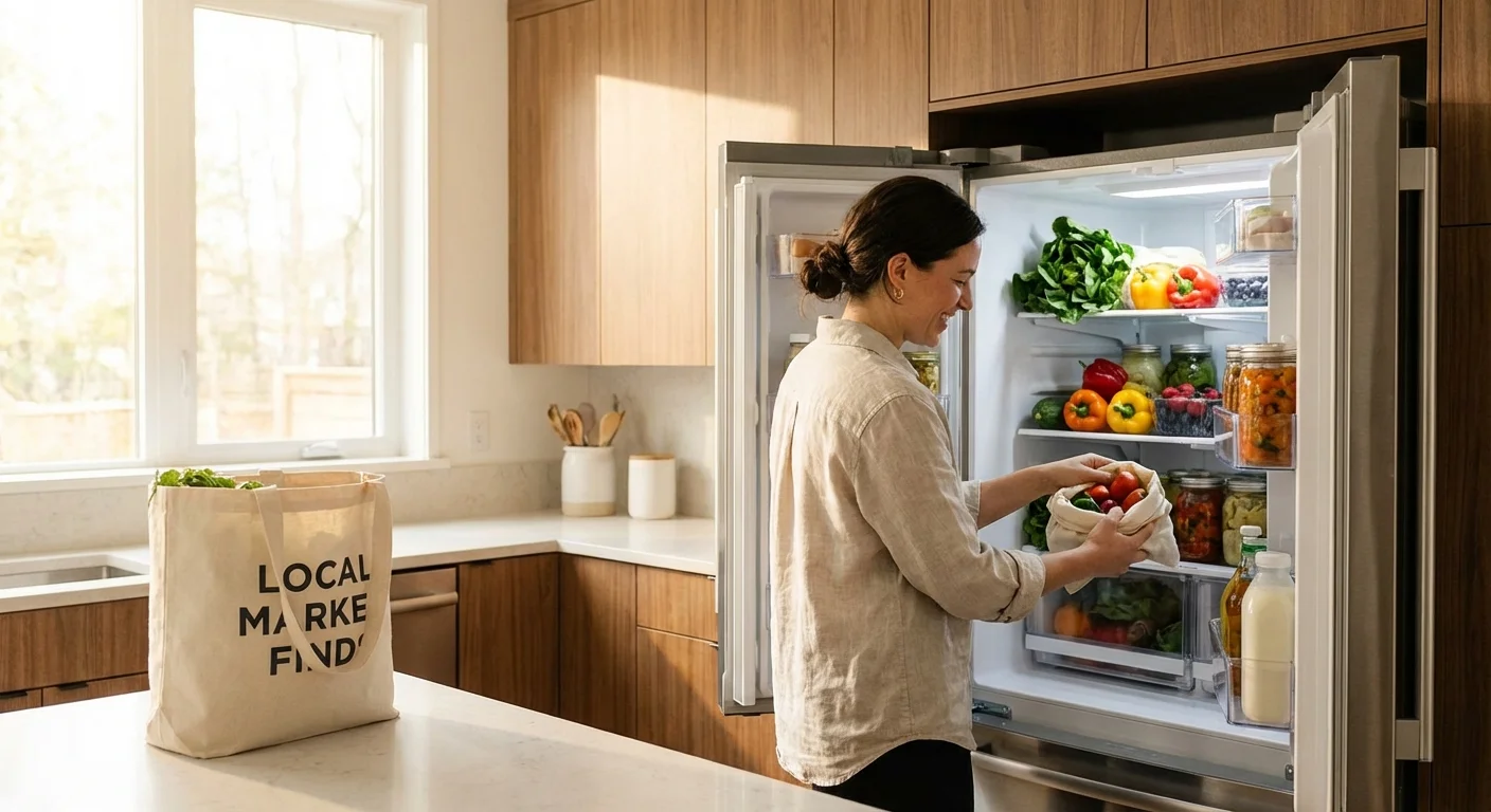 A person stocking a refrigerator with fresh produce in a bright kitchen.
