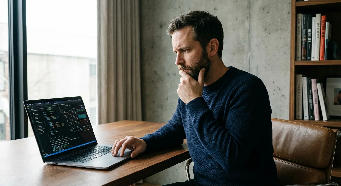 A person thoughtfully analyzing financial data on a laptop in a modern home.