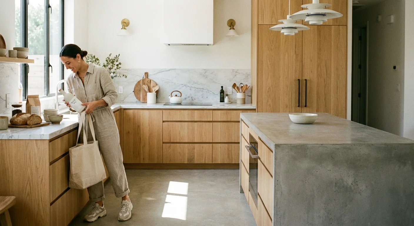 A person unpacking high-quality, minimalist store-brand products in a modern kitchen.