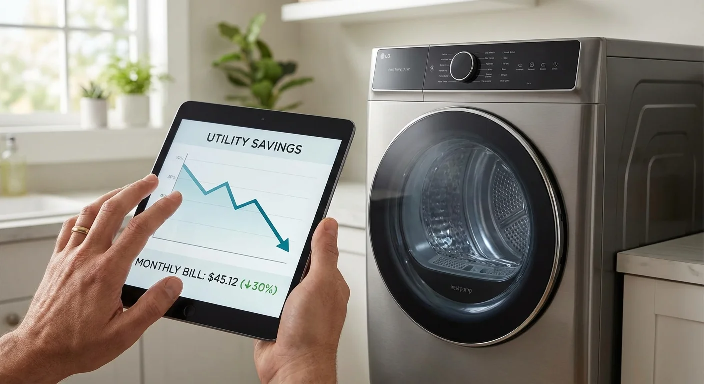 A person viewing a utility bill on a tablet, showing cost savings next to a dryer.