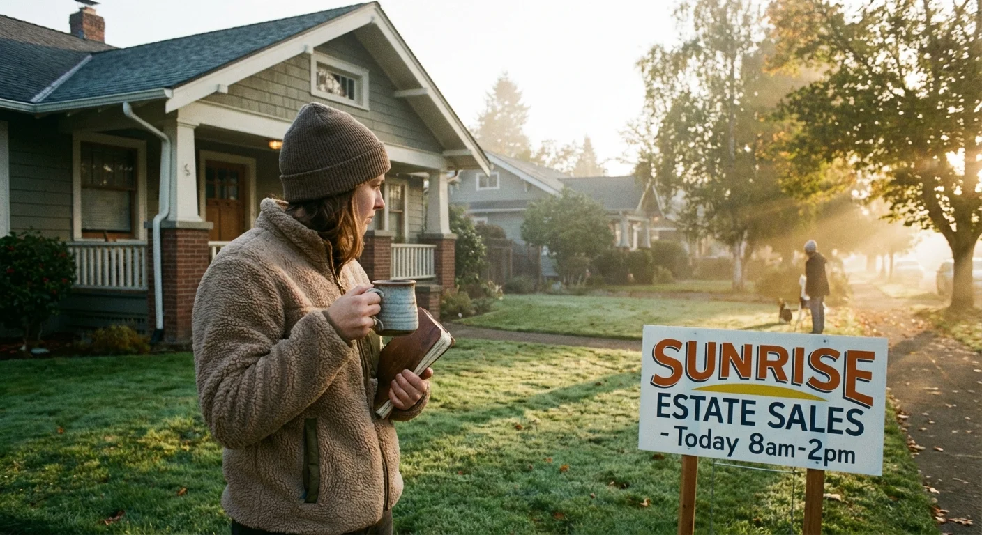 A person waiting outside a house for an estate sale to begin, holding a notebook for strategy.