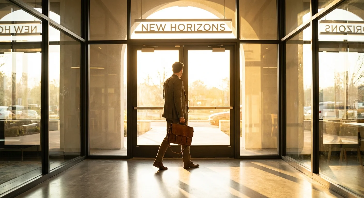 A person walking toward a sunlit entrance, symbolizing taking the first step.