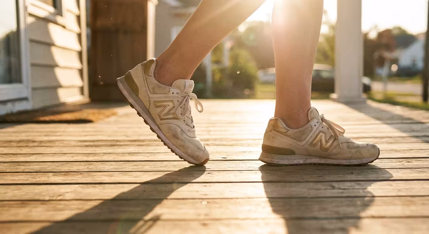 A person's feet stepping forward onto a sunlit wooden deck.