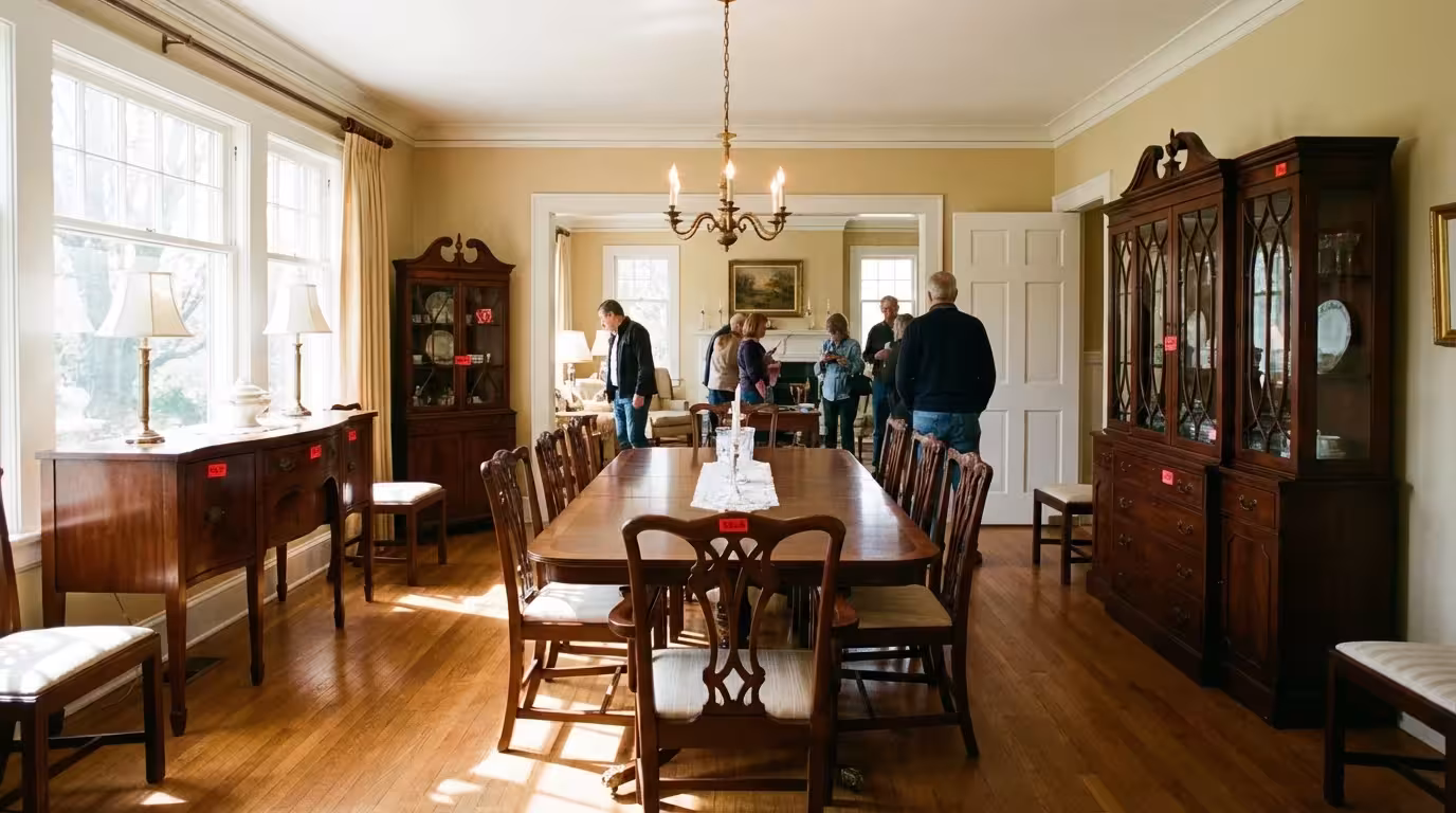 A professional estate sale inside a well-furnished home with shoppers browsing quality furniture.