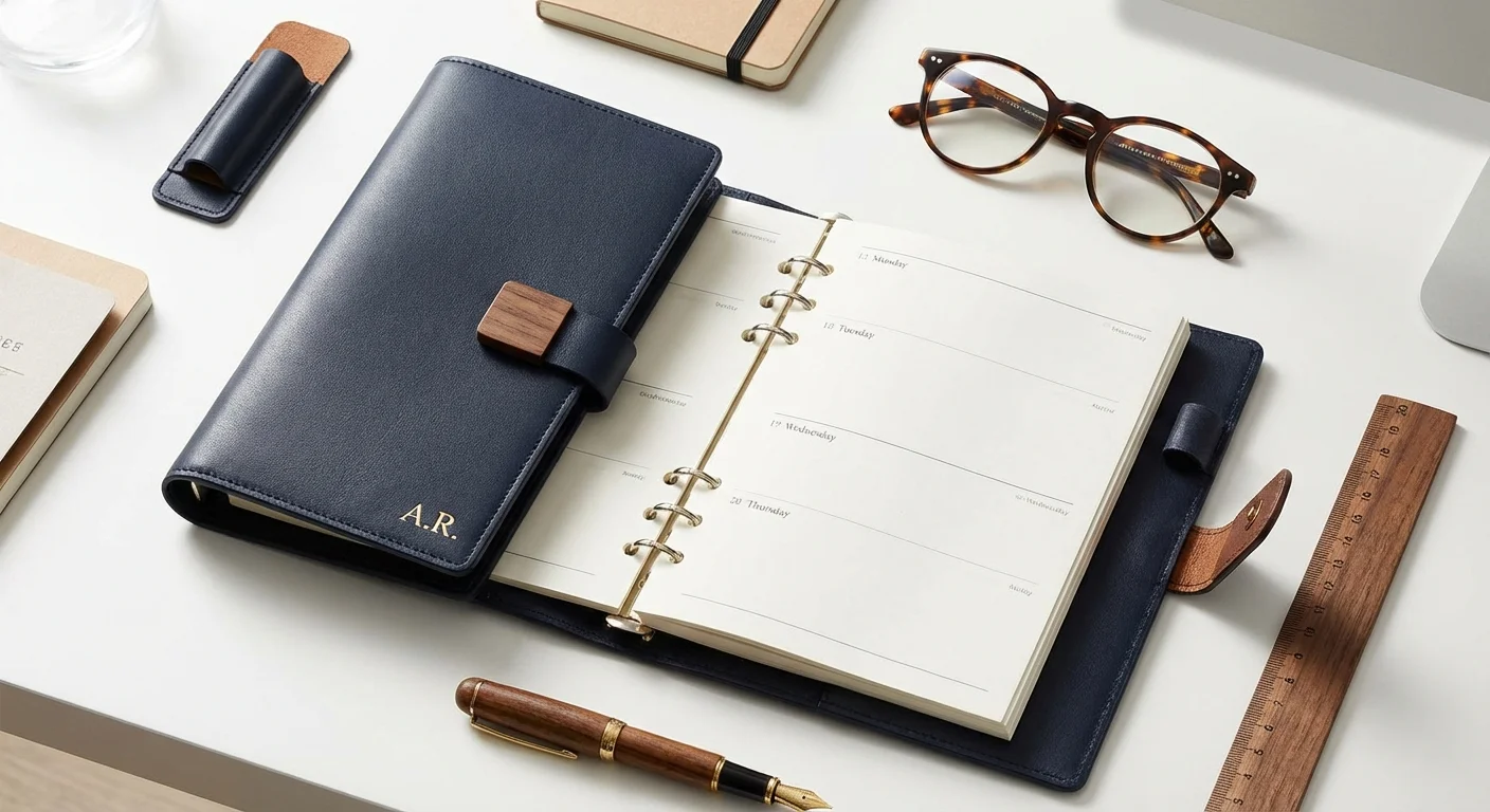 A professional flat-lay of a planner and pen, representing financial rules and limits.
