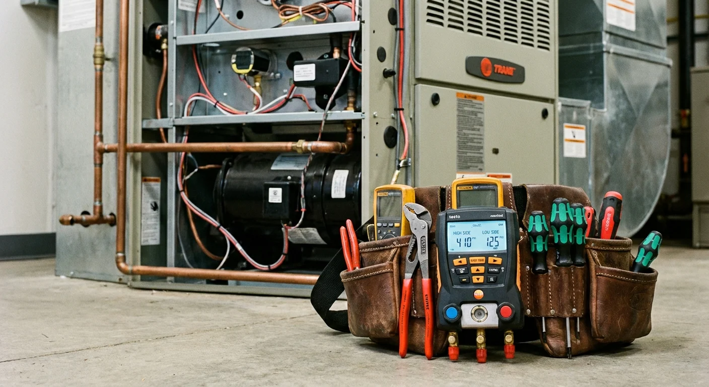 A professional HVAC tool belt near a home furnace system.