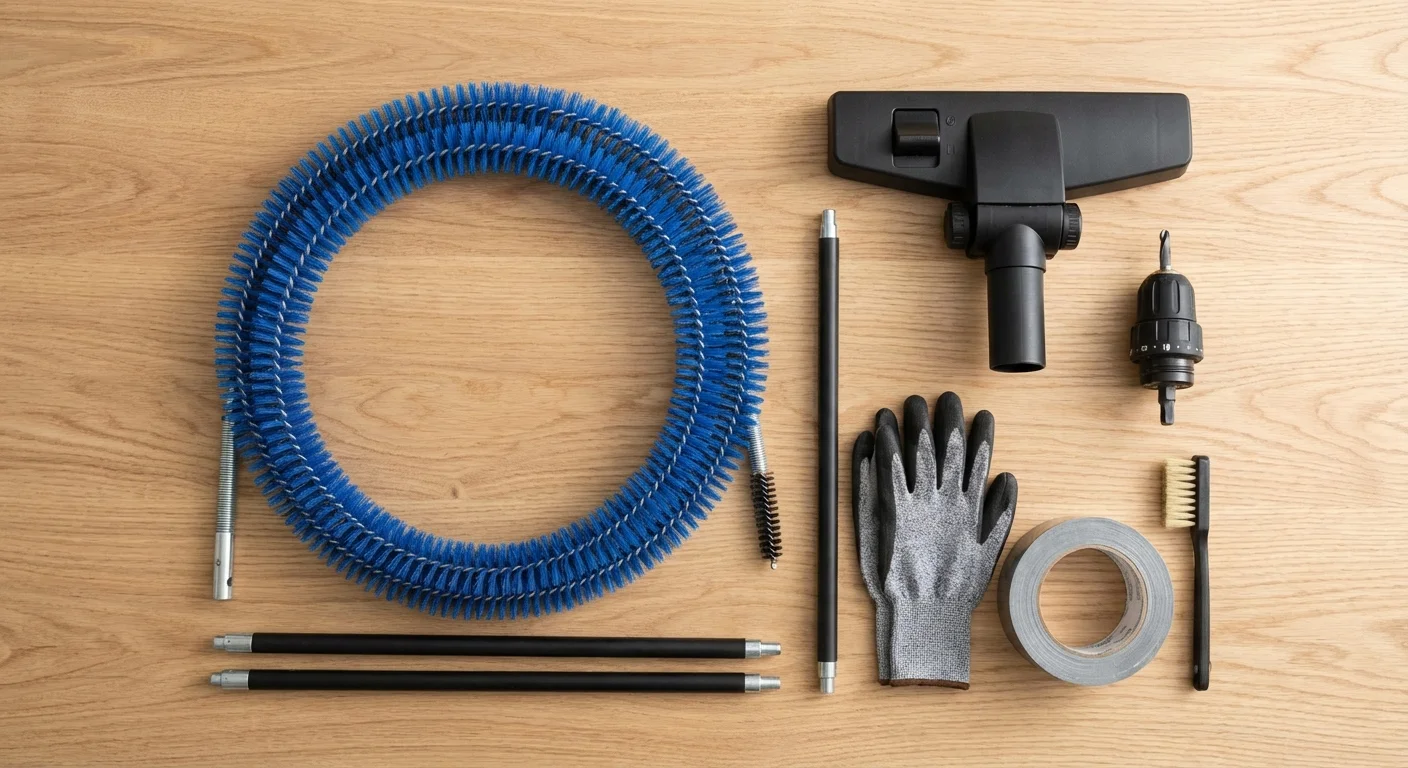 A professional-looking DIY dryer vent cleaning kit arranged neatly on a wooden surface.