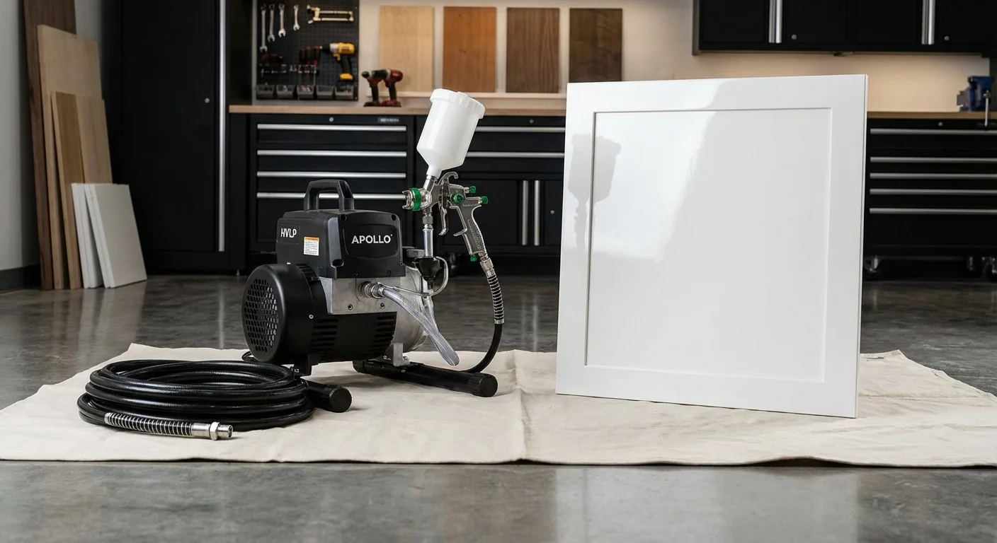 A professional paint sprayer sitting next to a finished cabinet door.