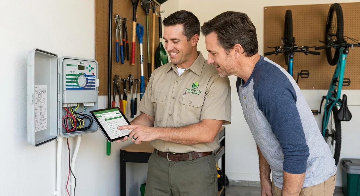 A professional technician explaining an irrigation system to a homeowner.