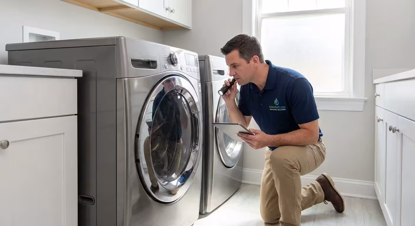 A professional technician inspecting a washing machine in a well-lit home.