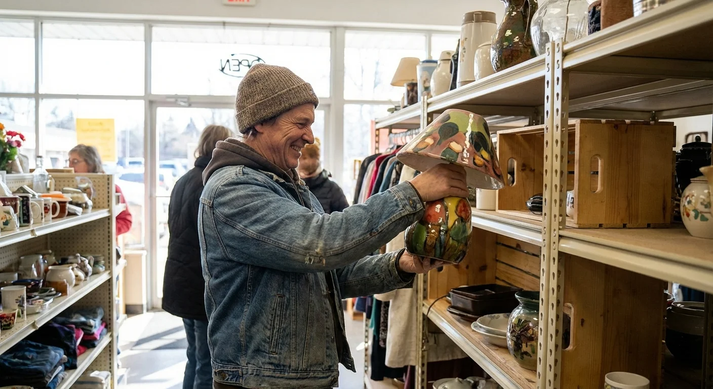 A shopper discovering a unique lamp on a crowded thrift store shelf.