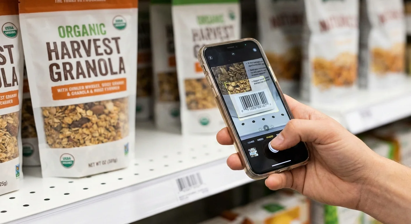 A shopper scanning a product barcode with their smartphone in a store.