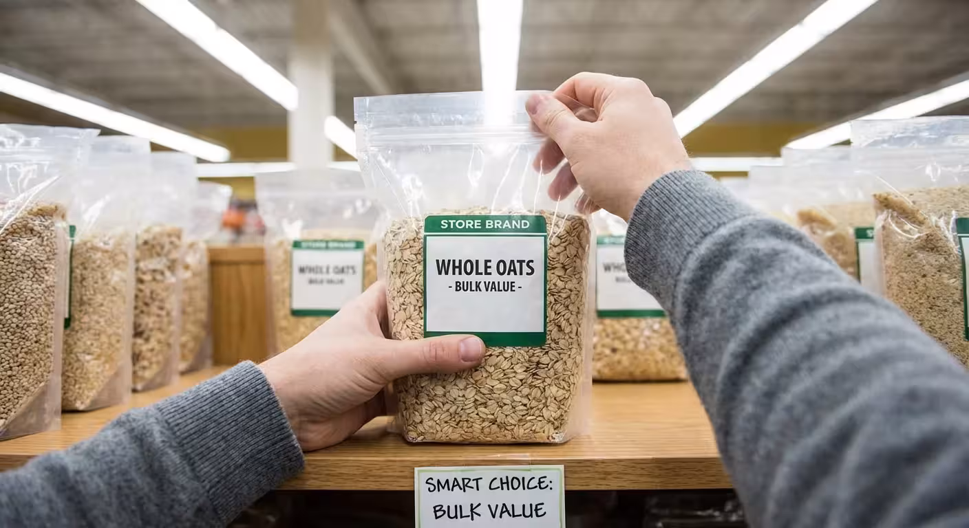 A shopper selecting a store-brand product from a grocery shelf.