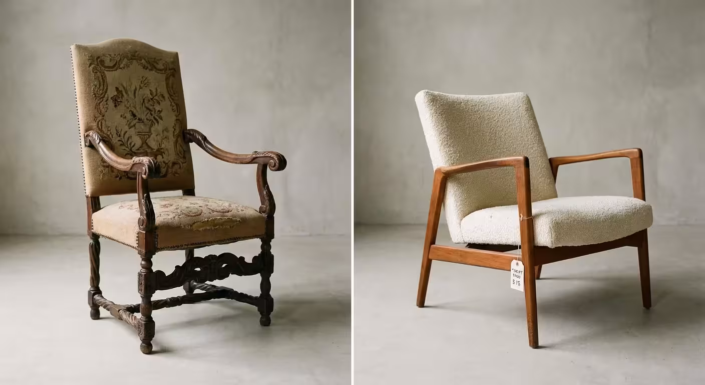 A side-by-side comparison of an antique chair and a modern thrifted chair.