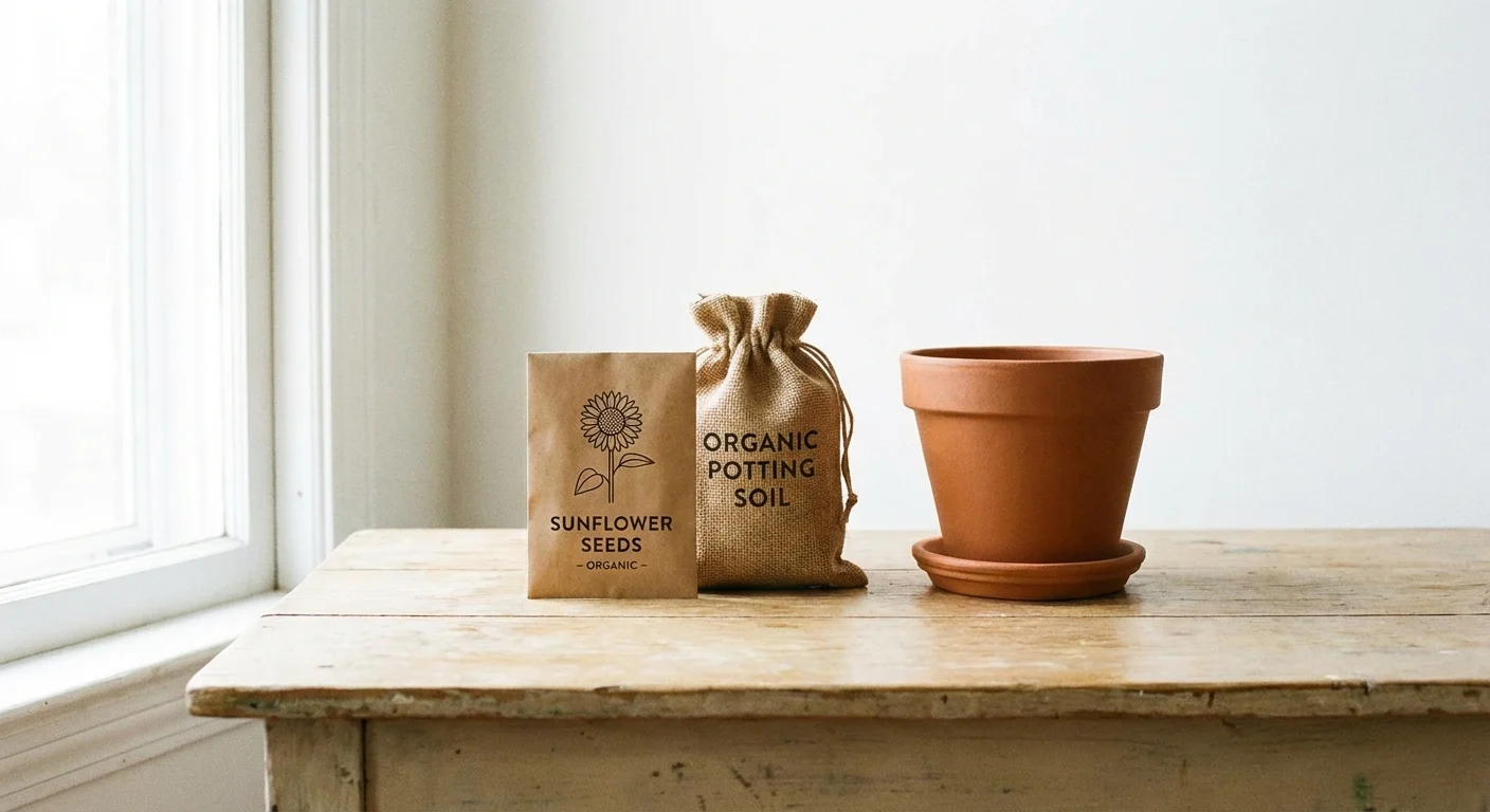 A simple gardening starter kit with seeds, soil, and a pot on a wooden surface.