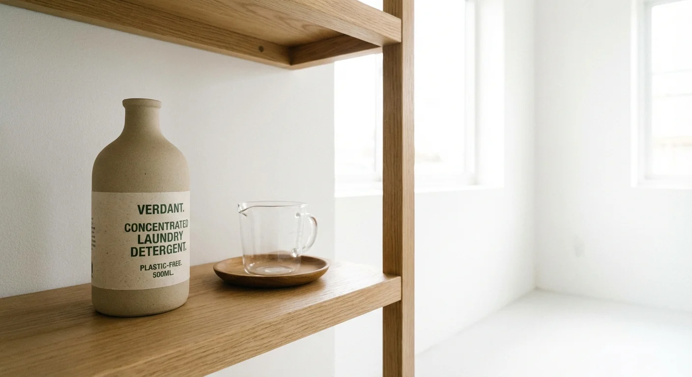 A single bottle of laundry detergent on a clean, white minimalist shelf.