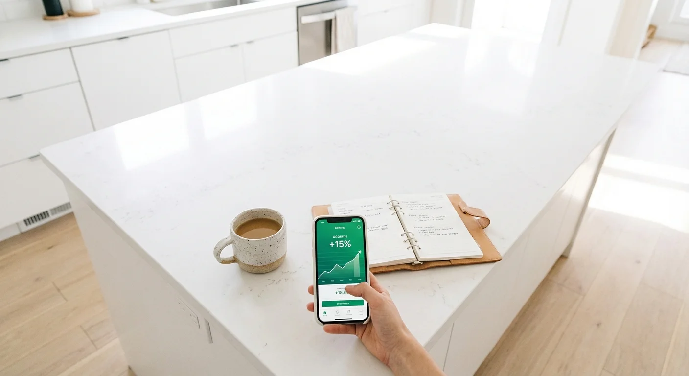 A small plant next to a laptop showing a retirement growth chart.