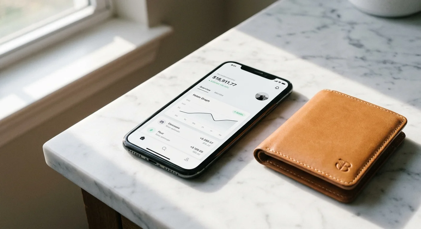 A smartphone and a leather wallet on a marble surface in soft light.