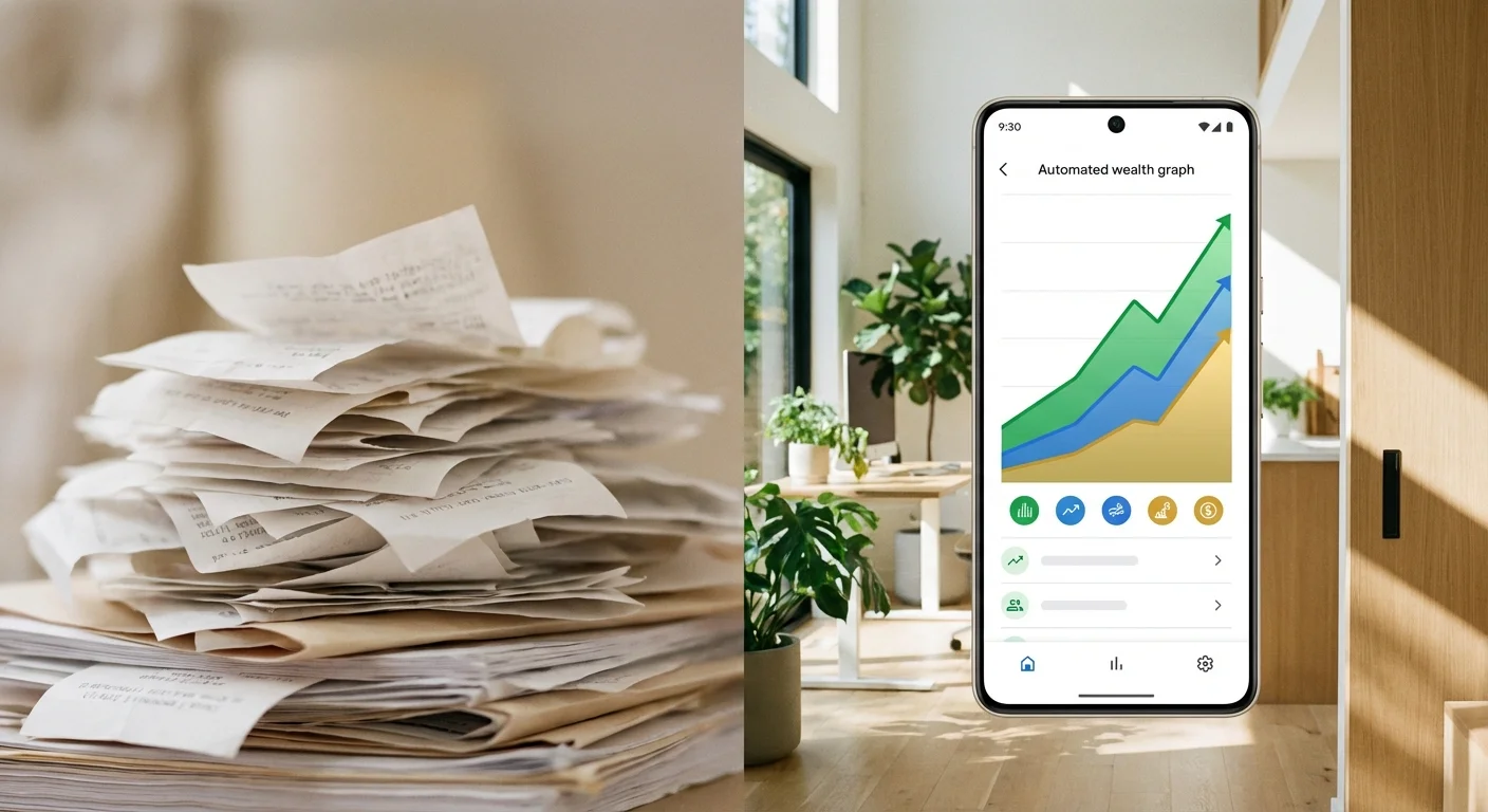 A smartphone showing an automated financial graph in front of a blurred stack of paper receipts.