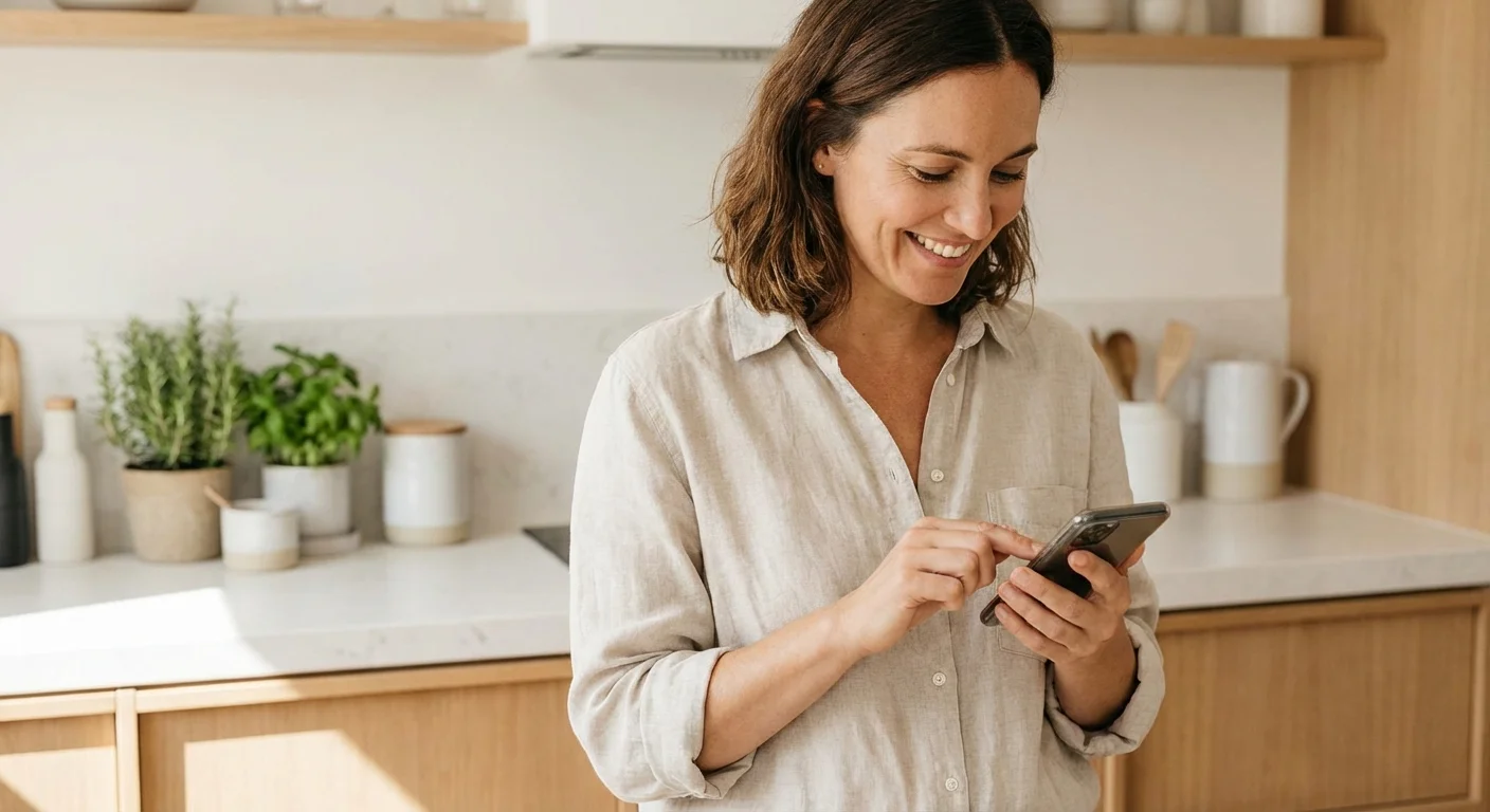 A smiling woman using her phone in a clean, bright kitchen.