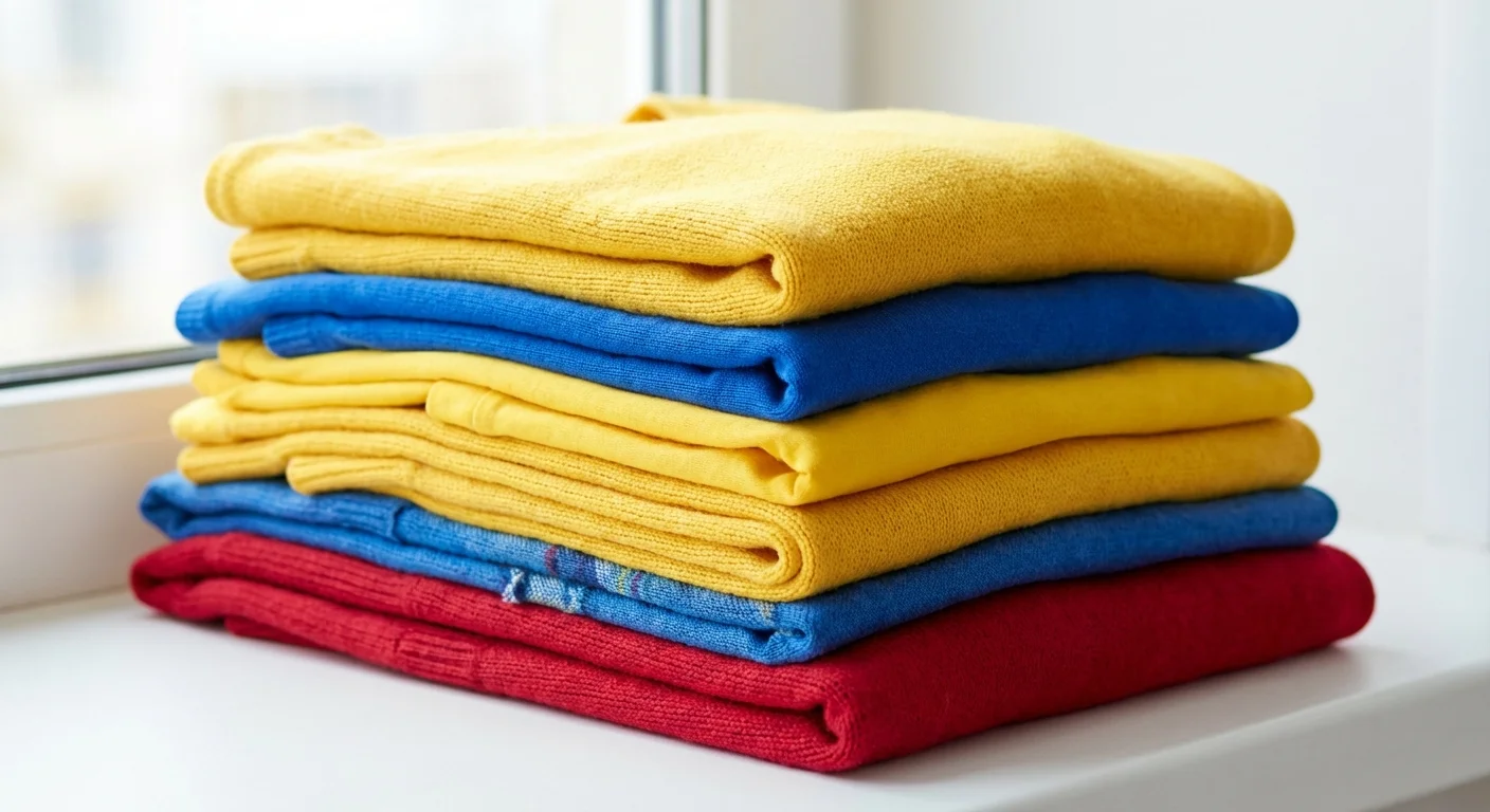 A stack of brightly colored, well-maintained clothes showing no signs of fading.