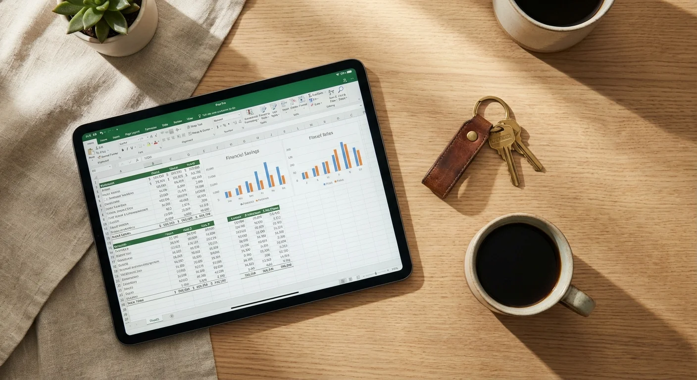 A tablet with financial data and car keys on a clean desk.