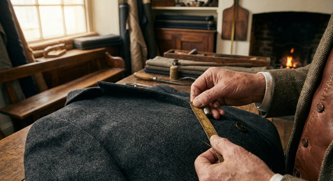 A tailor's hands measuring a wool coat with a yellow measuring tape.