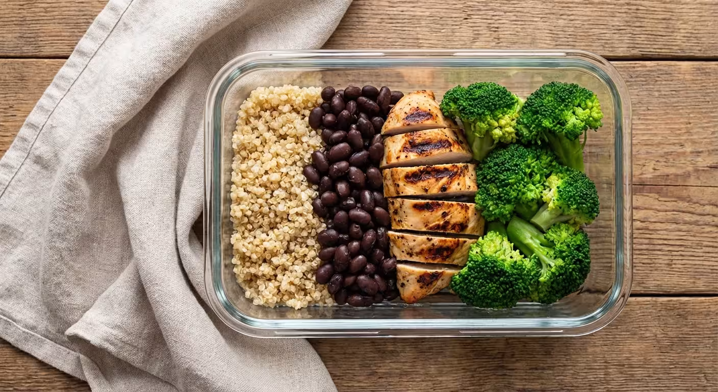 A top-down view of a perfectly balanced high-protein meal in a glass container.