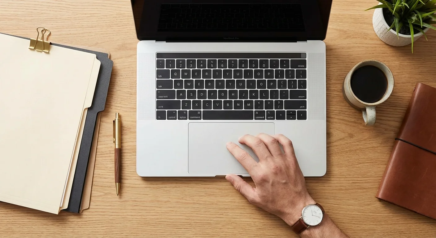 A top-down view of an organized desk with a laptop and folders.