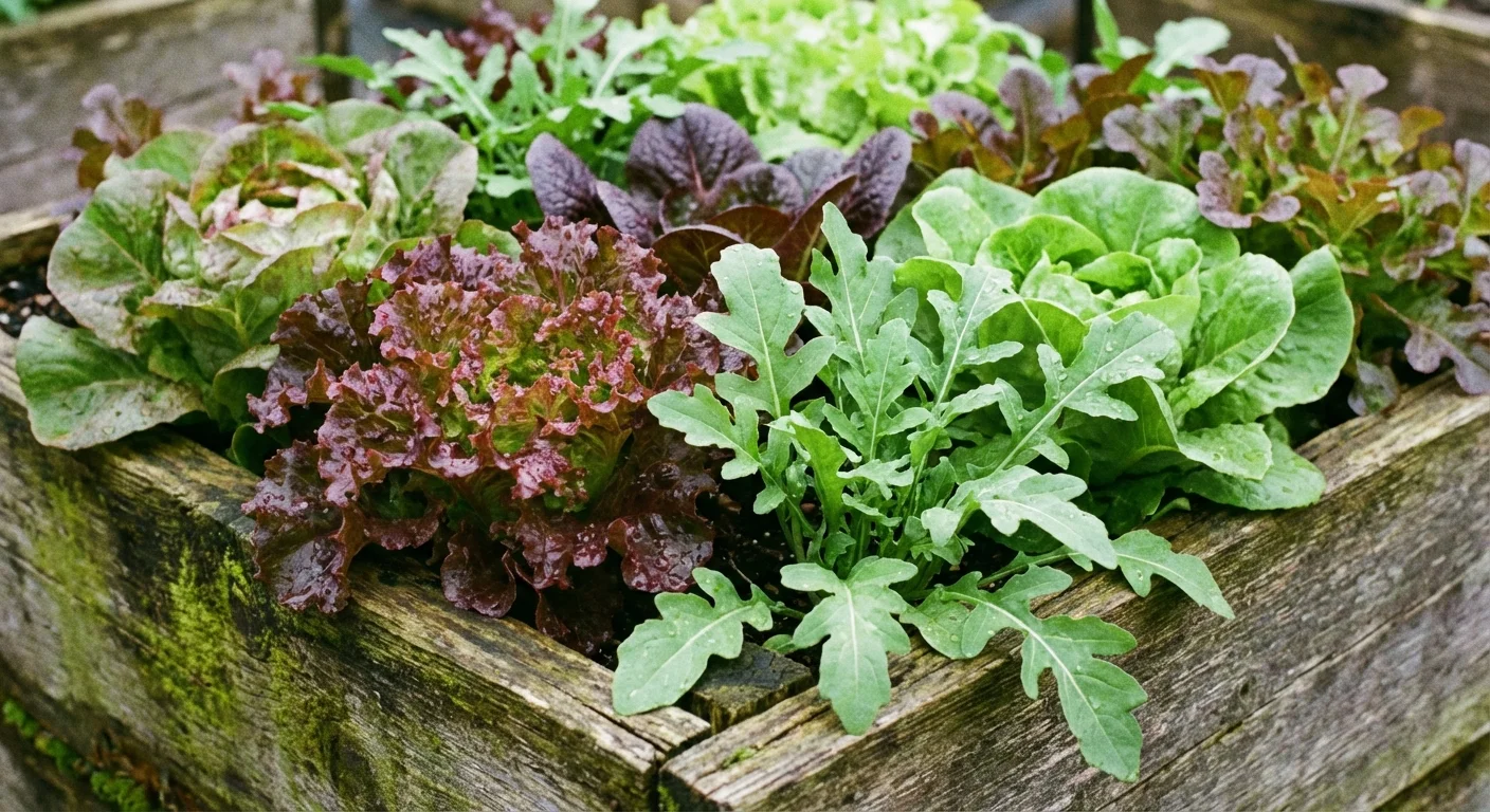 A variety of colorful leafy greens growing together in a wooden garden box.