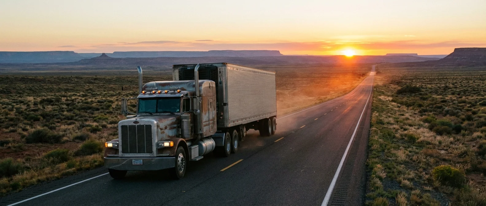 A vehicle driving on a remote highway during sunset.
