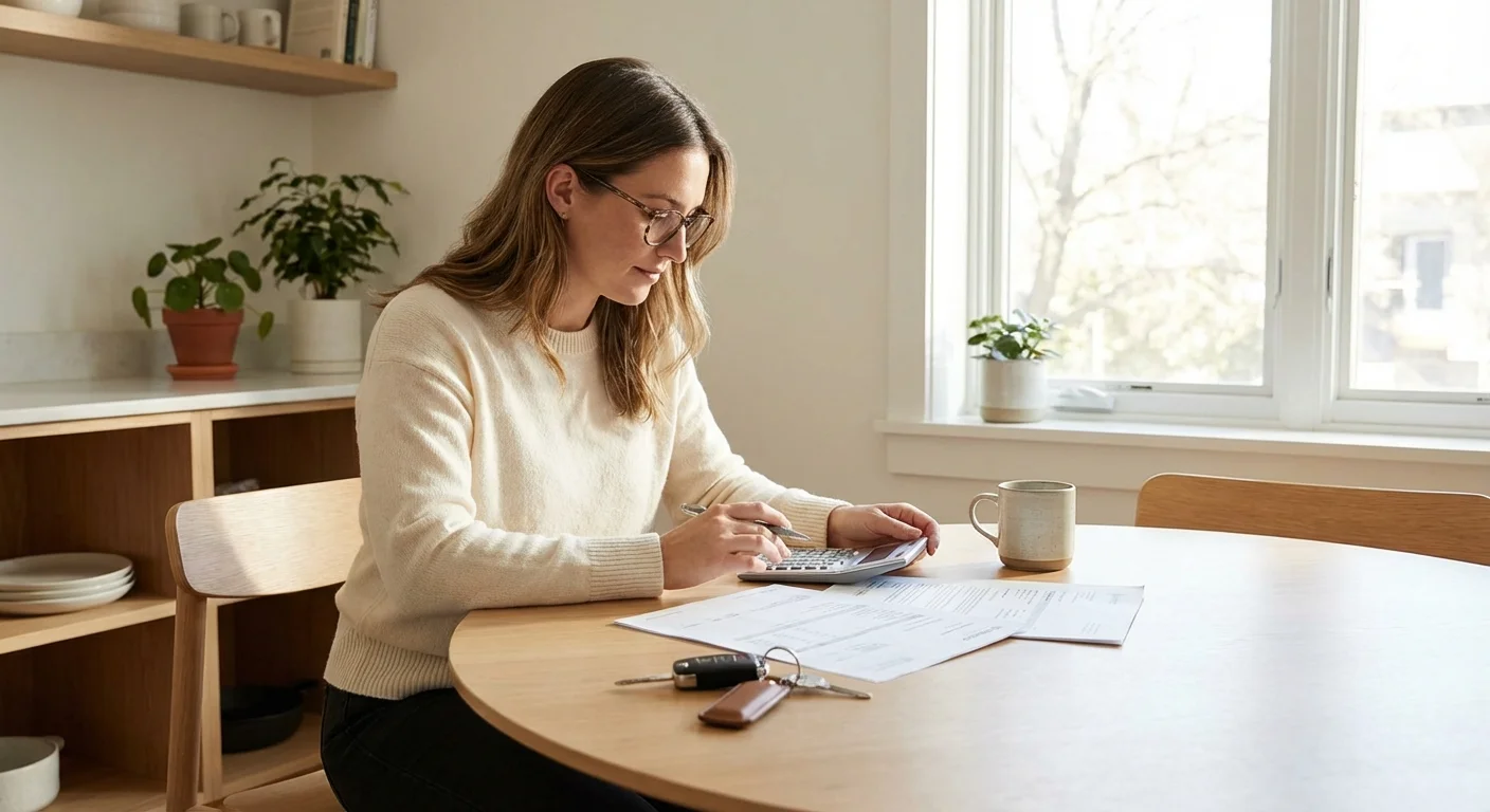 A woman calculating car costs at a kitchen table with car keys nearby.