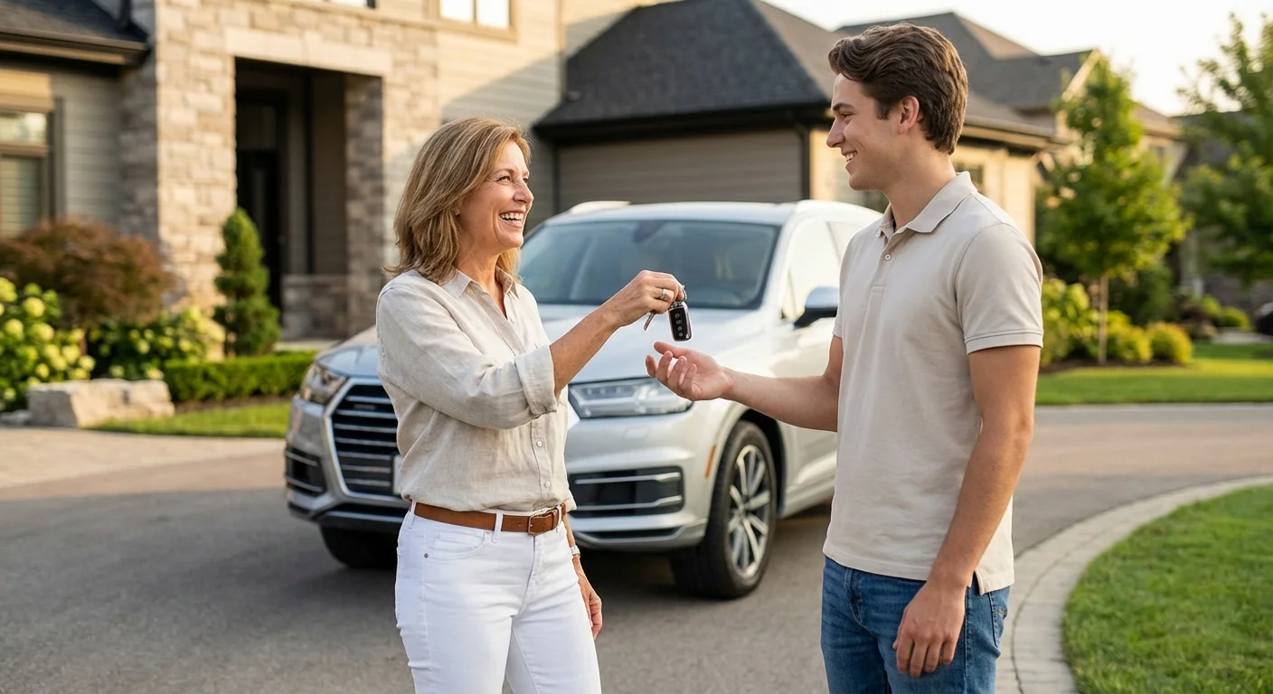 A woman selling her car to a buyer in a sunny driveway.