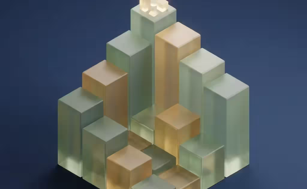 3D isometric bar chart with translucent blocks and a glowing plant sprout at the peak