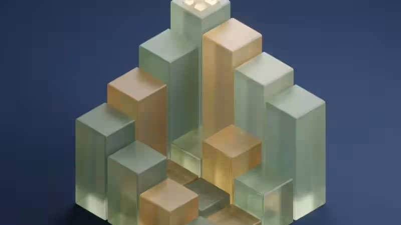 3D isometric bar chart with translucent blocks and a glowing plant sprout at the peak