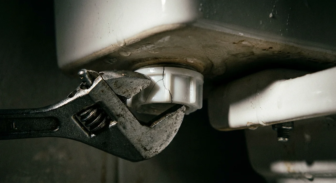 A wrench tightening a plastic nut too hard, showing a small crack.