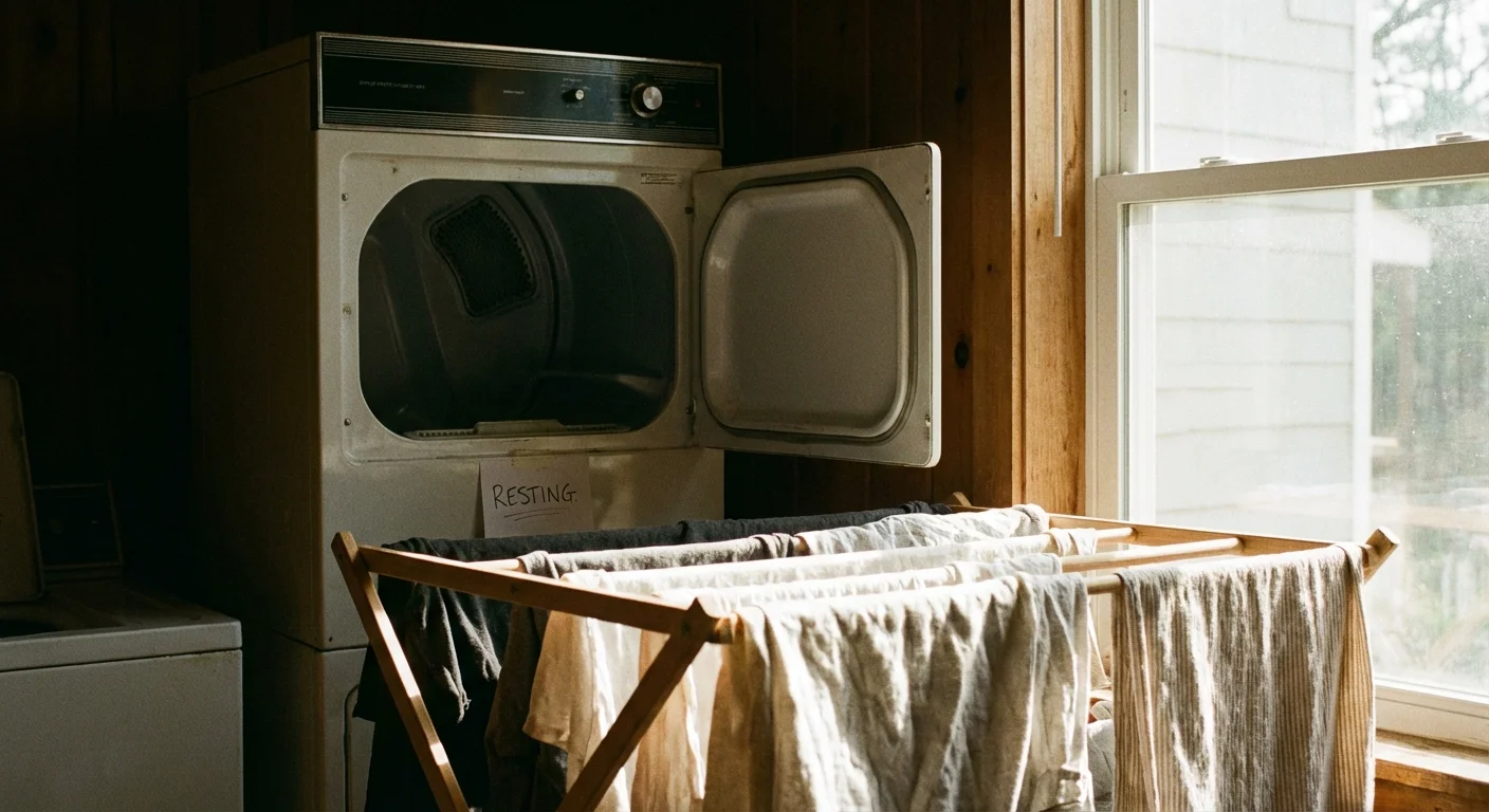 An empty dryer door open in the background with a sunlit drying rack in the foreground.