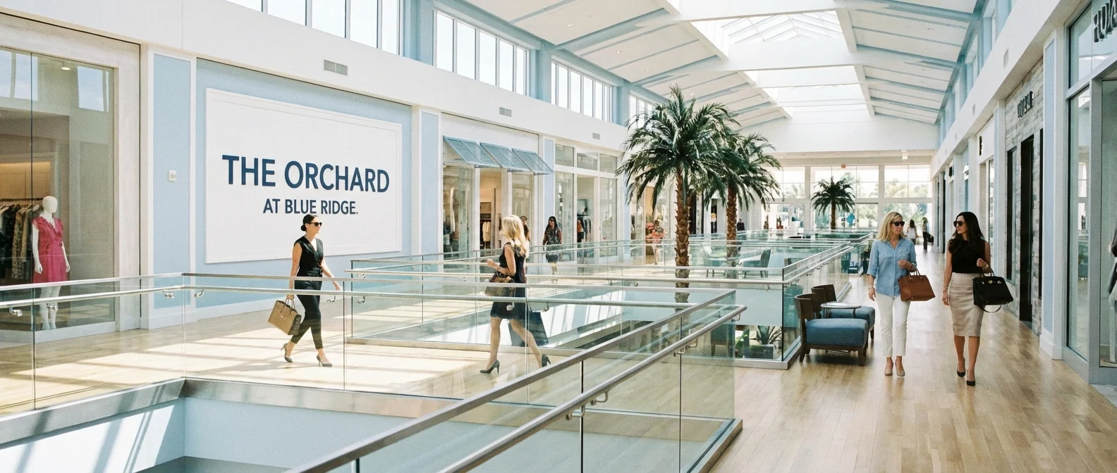 An expansive, sunlit view of a modern high-end shopping mall with shoppers.