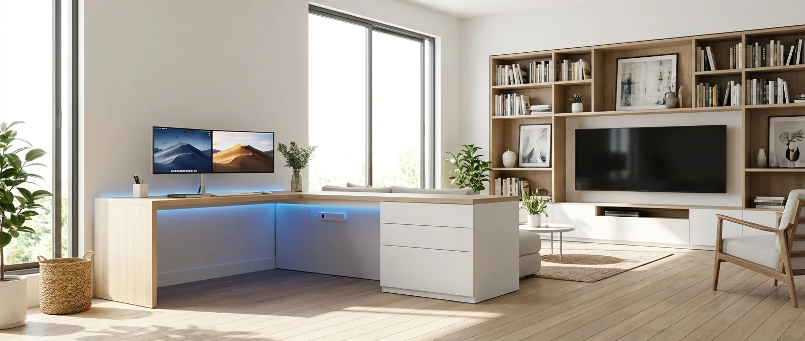 An organized home office and living area showing clean cable management and smart energy tools.