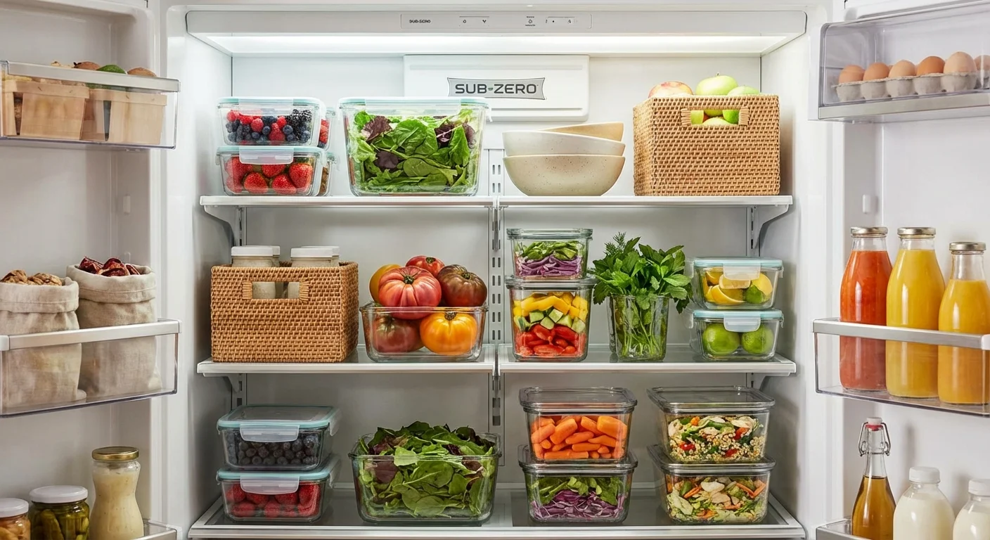 An organized refrigerator interior with neatly arranged food and glass containers.