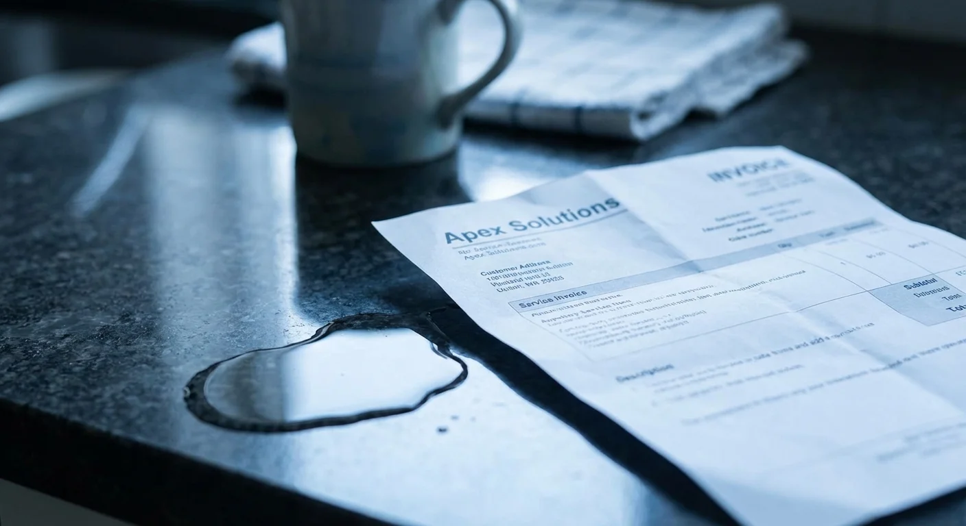 A service bill and a small water leak on a kitchen counter.