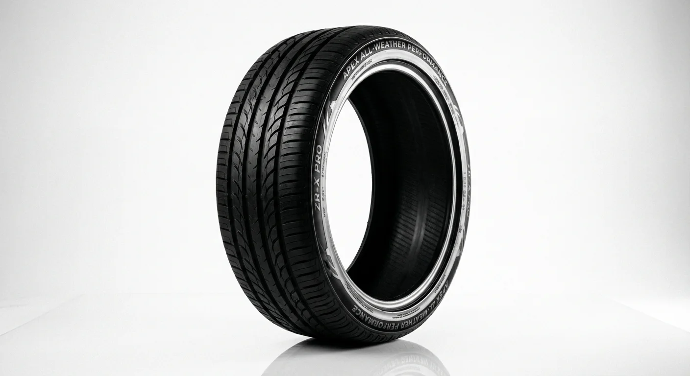 A high-quality all-weather tire displayed on a reflective white surface.