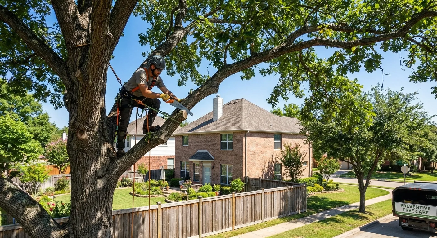 An arborist pruning tree branches near a home to prevent root intrusion in sewer lines.