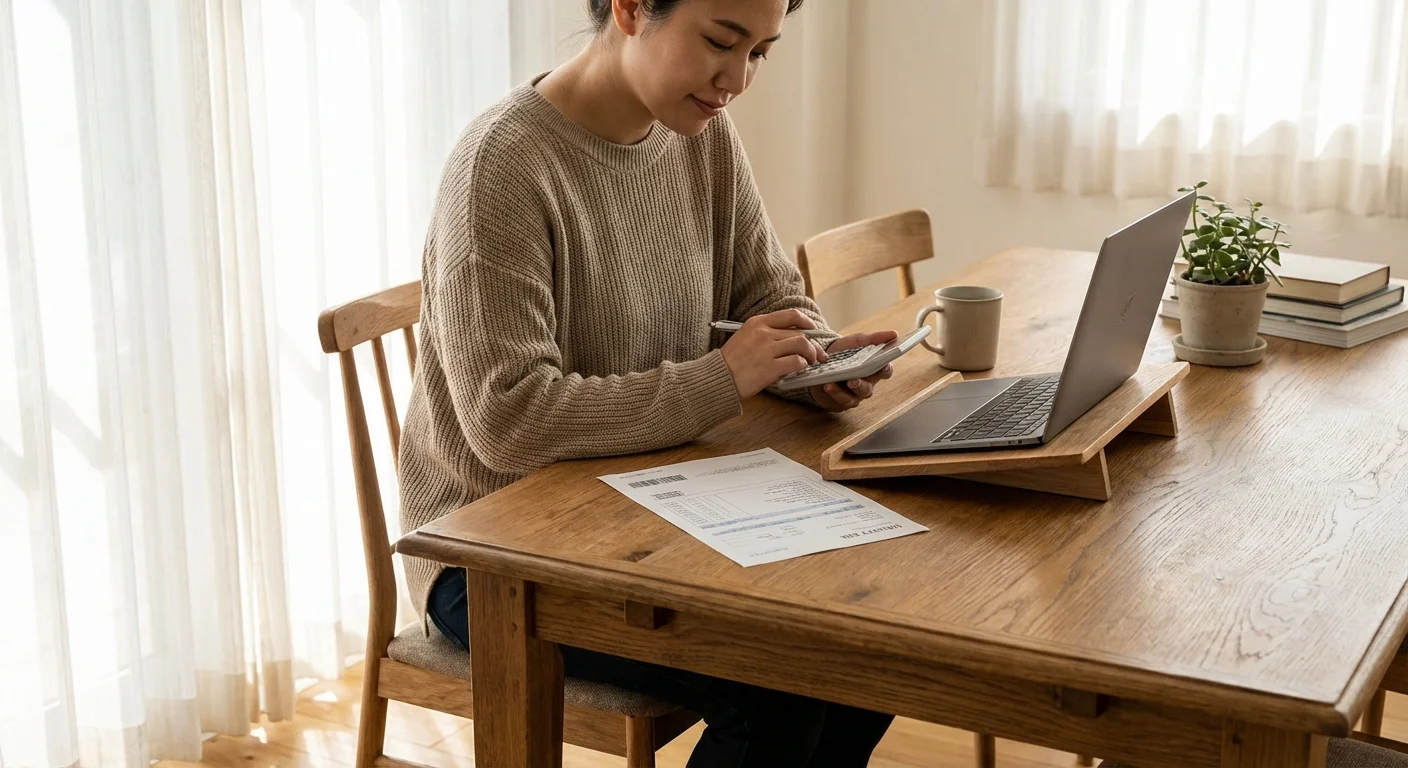 A person at a table comparing a utility bill with data on a laptop screen.