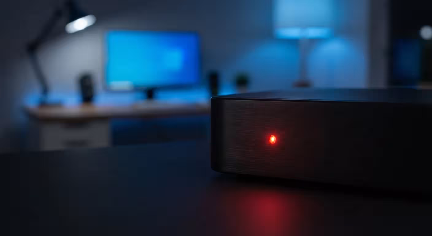 Close-up of a red standby light on a dark electronic device.