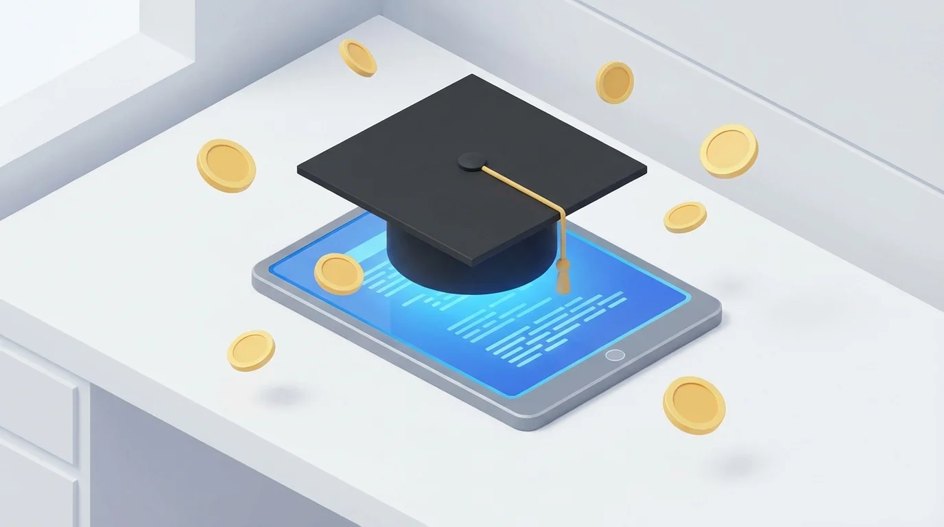 A 3D graduation cap on a digital tablet with floating gold coins.