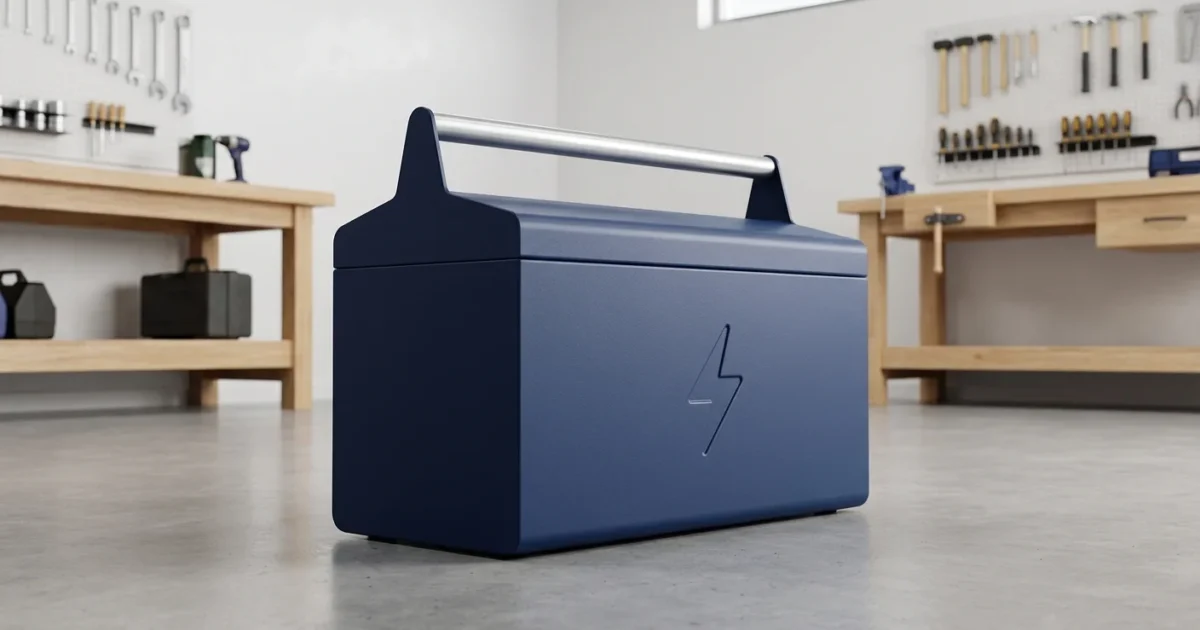 A navy blue toolbox with a lightning bolt symbol on a concrete workshop floor.