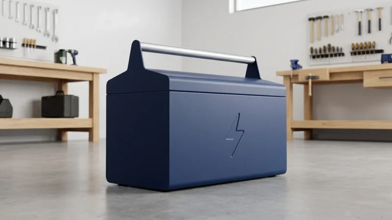 A navy blue toolbox with a lightning bolt symbol on a concrete workshop floor.