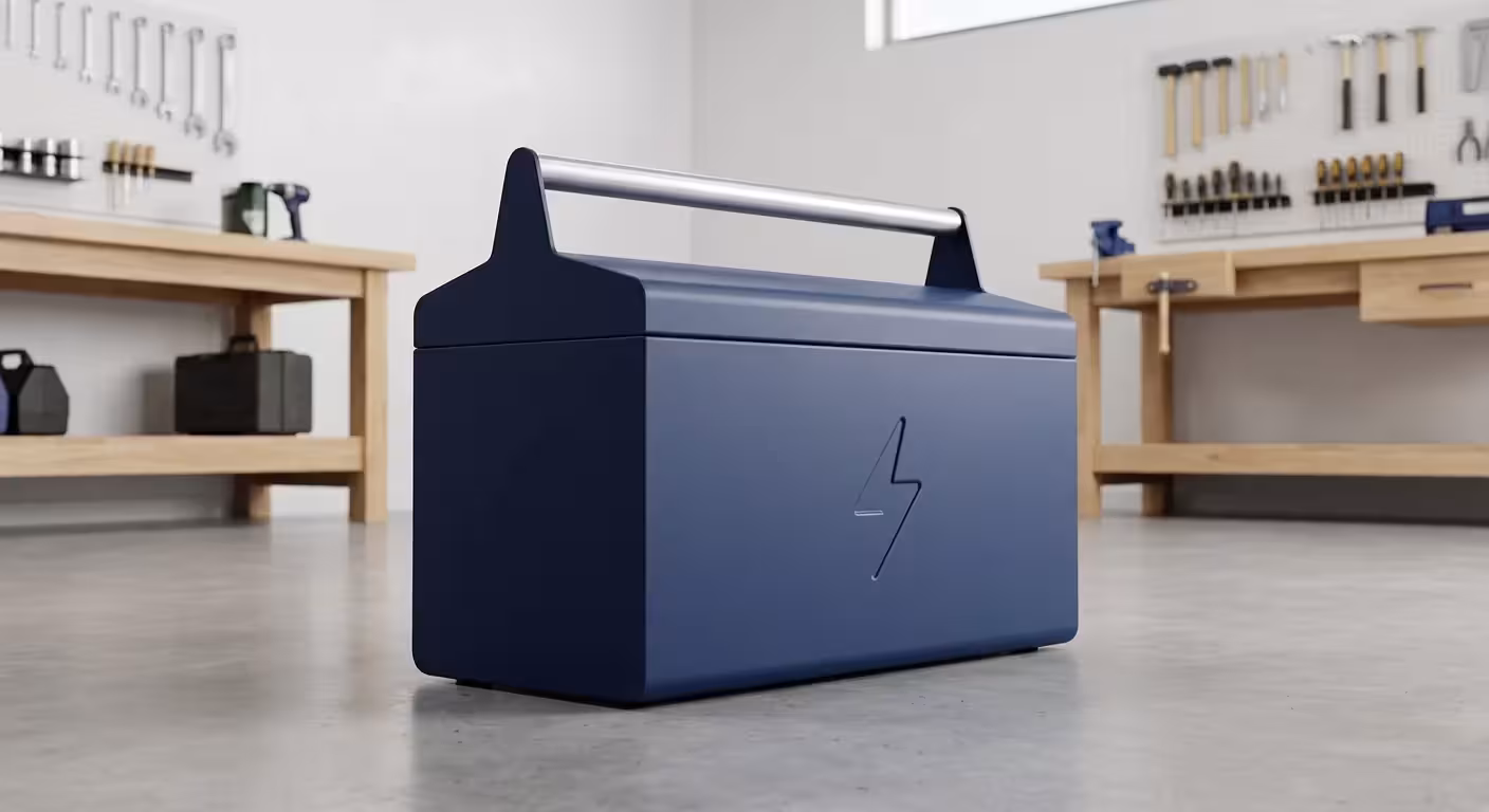 A navy blue toolbox with a lightning bolt symbol on a concrete workshop floor.